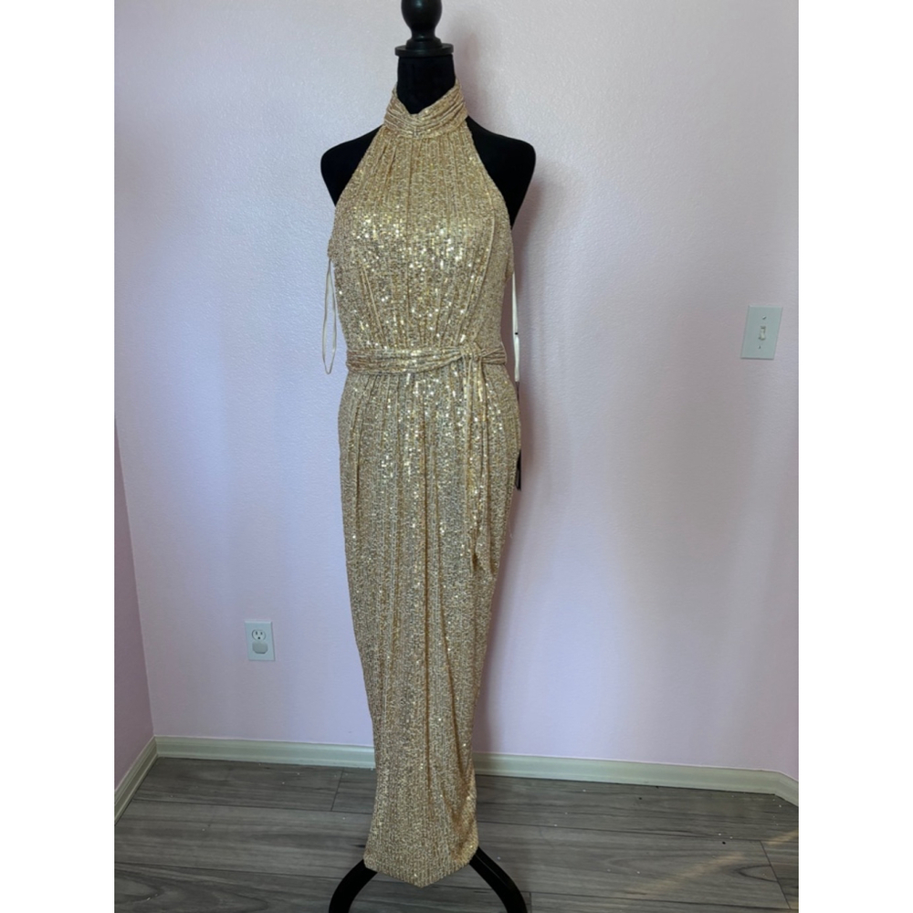 Women's Mac Duggal Gold Sequin Halter Gown Size 8 - Picture 4 of 7